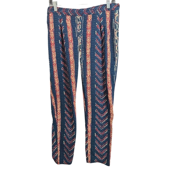 Lauren Ralph Lauren Dress Pants Red Navy Tribal Straight Leg Pull On sz 8 Petite - Picture 1 of 8